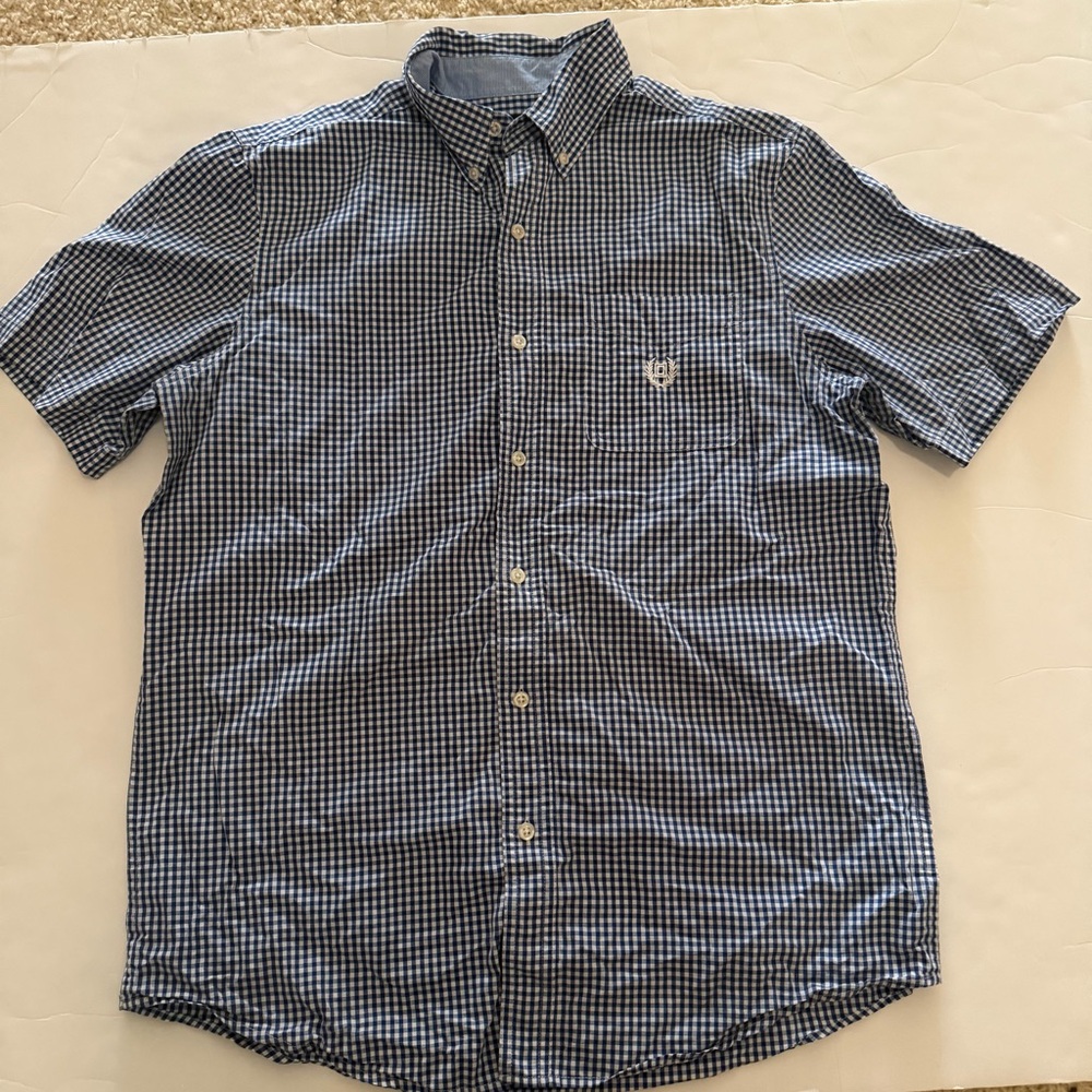 Chaps Short Sleeve Vintage Navy Blue and White Checkered Button Down Size M
